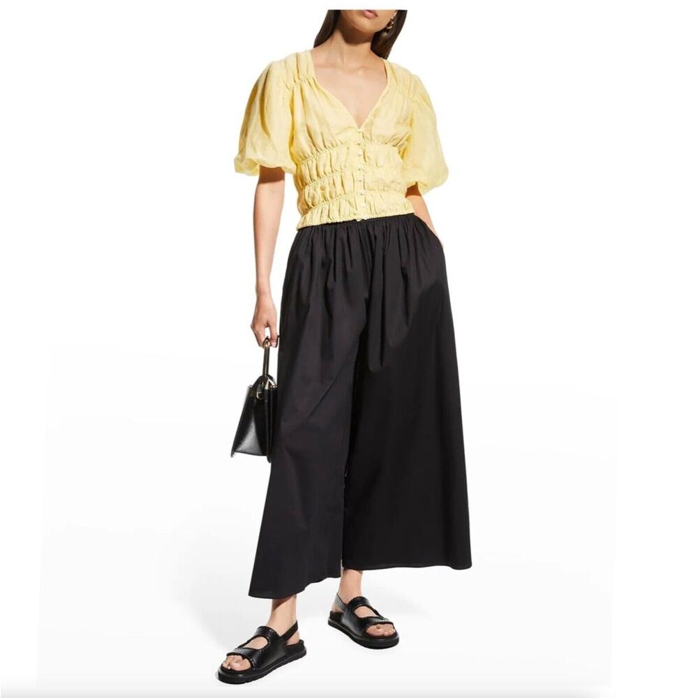 FRAME Julianna Crinkle Smocked Puff Sleeve Top Cornsilk Yellow {3H21}